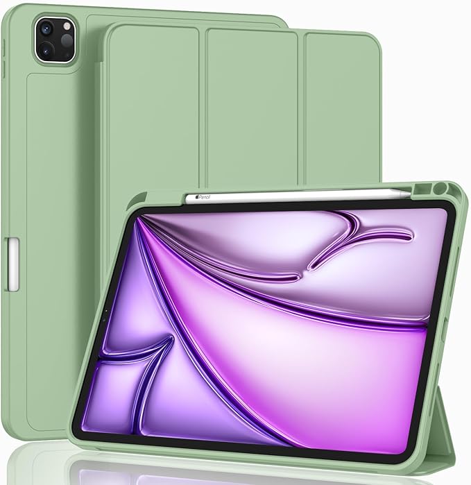 ZryXal New iPad Air 13 Inch Case M3 2025/M2 2024 with Pencil Holder, Trifold Stand Smart Case with Soft TPU Back,Auto Wake/Sleep(New Matcha Green)