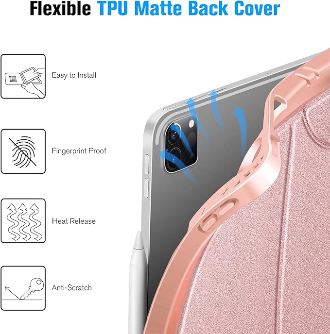 CaseBot Magnetic Case for iPad Pro 12.9-inch 6th Generation 2022, Multiple Angle Shockproof Rugged Stand Case, Soft TPU Back Cover w/Pencil Holder, Also Fit iPad Pro 12.9" 5th/4th/3rd Gen, Rose Gold