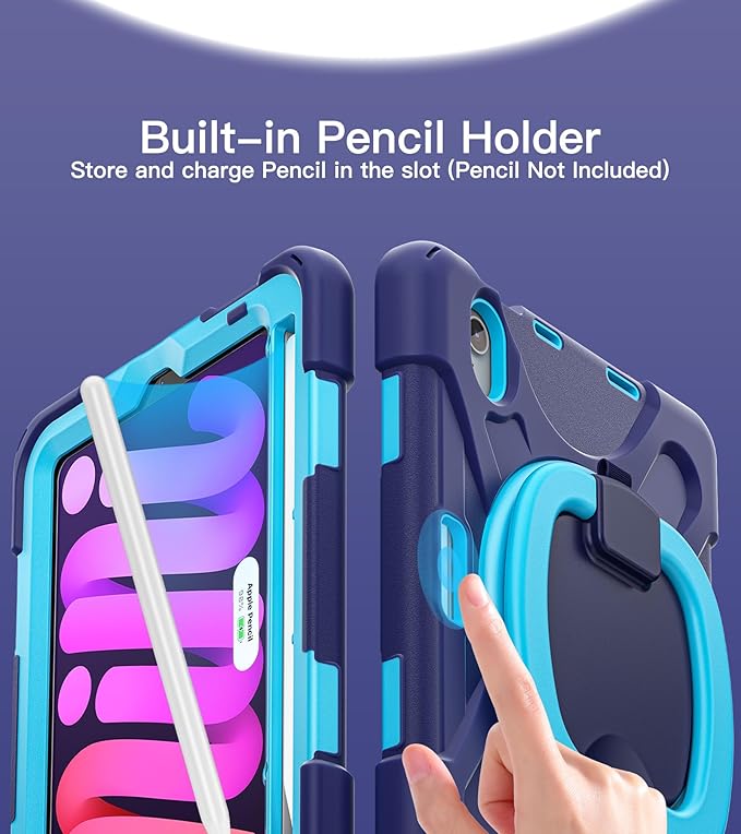BATYUE Case for iPad mini 7 (A17 Pro) 2024/ iPad mini 6 (A15 Bionic) 2021 8.3 inch, Shockproof Case for iPad mini 7th/6th Gen with Pencil Holder/ 360° Swivel Stand/Shoulder Strap - Navy Blue