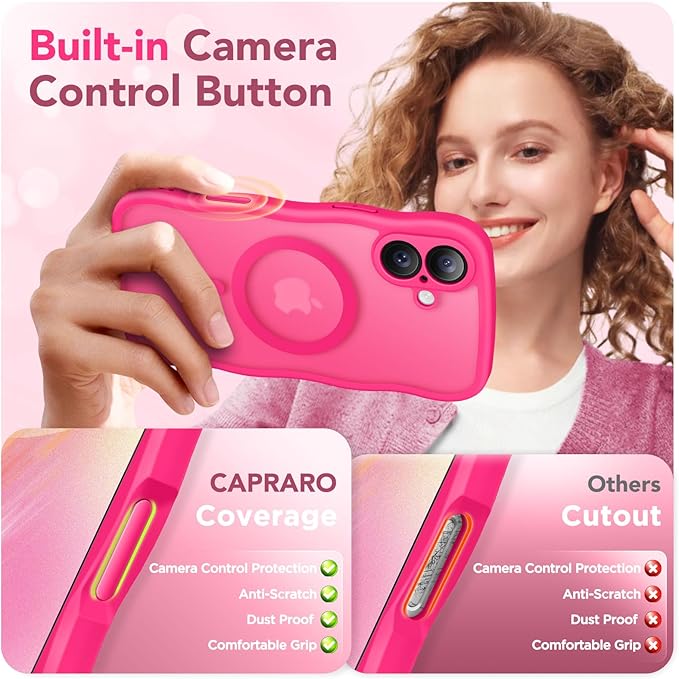CAPRARO for iPhone 16 Case for Women Girls, Upgraded [Full Camera Protection] [Compatible with MagSafe] Cute Wave Translucent Matte Phone Case for iPhone 16, Hot Pink