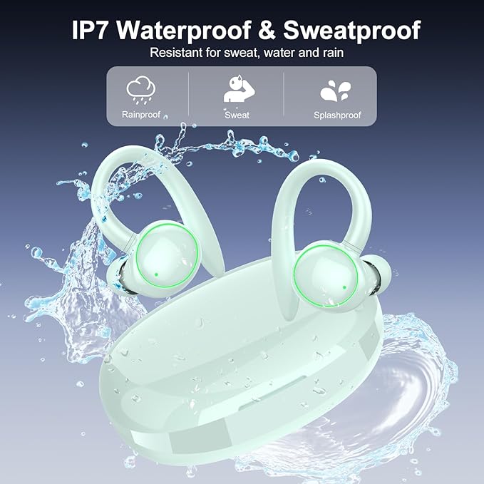 PEFUPEW Wireless Earbuds, Bluetooth 5.4 Headphones Sport, Over Ear Buds with ENC Noise Cancelling Mic, 48H, Wireless Earphone with Earhooks, IP7 Waterproof Buds for Workout Running, Light Blue