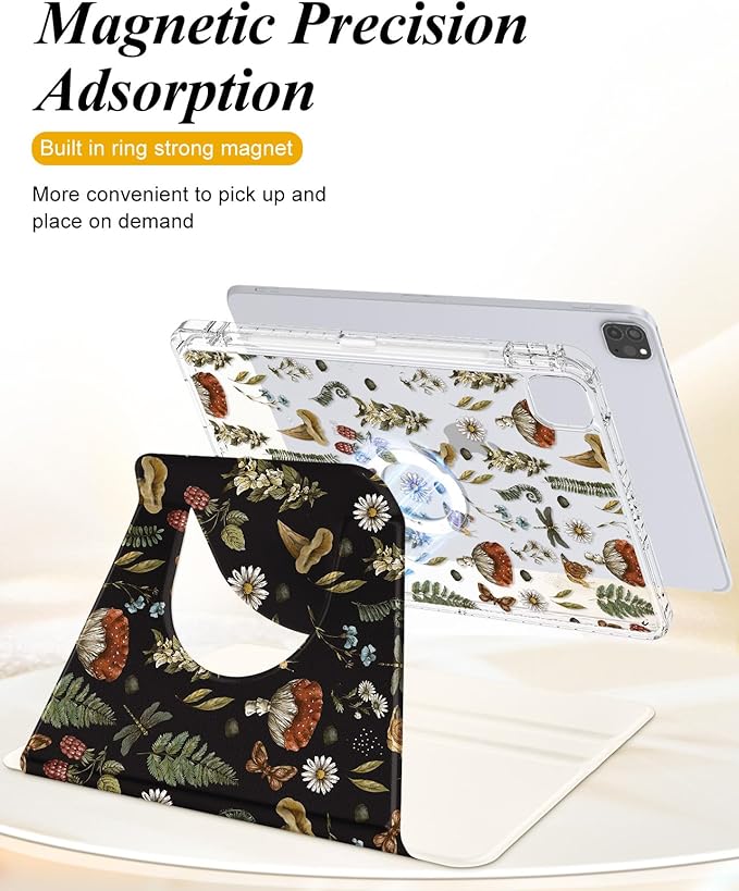 Shorogyt for iPad Air 13 Inch(M4) 2026/ M3 2025 & M2 2024 /for i Pad Pro 12.9 inch (3/4/5/6th Gen) for Magnetic Stand for Women - Cute Design 360 Rotating Covers Girls with Pencil Holder, Mushroom