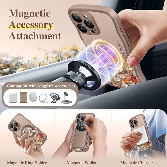 GVIEWIN for iPhone 15 Pro Max Case Compatible with MagSafe [Curly Wave Edge][Full Camera Protection] Floral Translucent Shockproof Magnetic Women Phone Case for 15 Pro Max 6.7'', Primrose/Brown