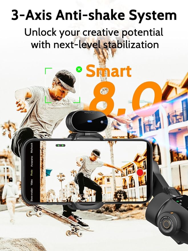 AOCHUAN 3-Axis Gimbal Stabilizer for iPhone & Android,NO APP AI Tracking,7.8' Built-in Extension Rod,Phone Stabilizer for Video Recording,OLED Display,Trigger Button,Sport,Vlogging(Smart V8 AI Black)