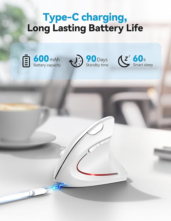 TECKNET Ergonomic Mouse, Rechargeable 2.4G+Bluetooth Vertical Mice 6 DPI Adjustable, Wireless Optical Carpal Tunnel Mouse Right Hand, Multi Device for Laptop, PC, Computer, MacBook, iPad - White