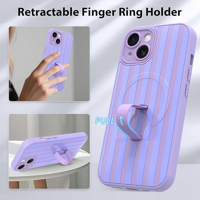 KANGHAR Compatible with iPhone 15 Case, Support for MagSafe, Silicone Stripes Cute Pattern, Wristband Kickstand Camera Protection Soft Slim Cover for Girls Women -Purple