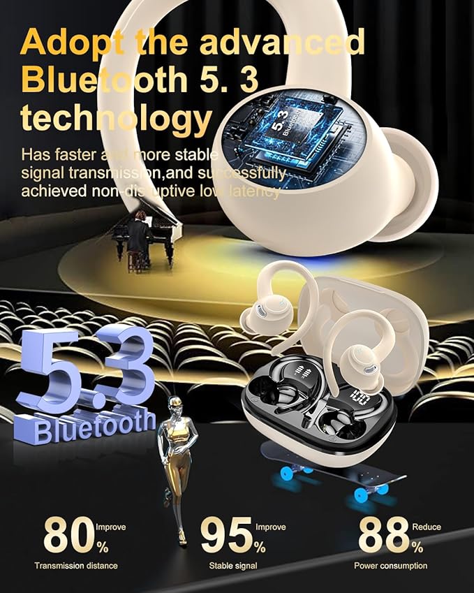 Wireless Earbuds Bluetooth 5.3 Headphones Sport, 2024 Wireless Earphones with Earhooks, HiFi Stereo Deep Bass with ENC Mic, 40H Dual LED Display, IPX7 Waterproof Ear Bud for Small Ear Running/Workout