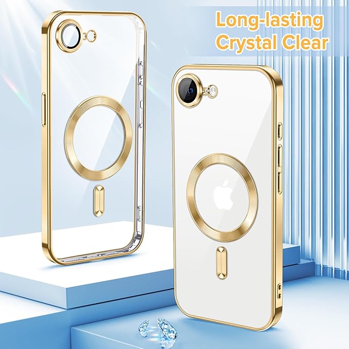 Hython Magnetic Clear for iPhone 16e Case with Camera Lens Protector [Compatible with MagSafe] Luxury Plating Edge Slim Soft TPU Cover Protective Phone Case for iPhone 16e 6.1", Gold