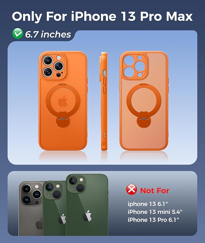 FNTCASE for iPhone 13 Pro-Max Case: [360 Spin Magnetic Stand] [Compatible with Magsafe] [Screen Protector] Translucent Matte Military Grade Shockproof Full Camera Protective Phone Cover - Orange