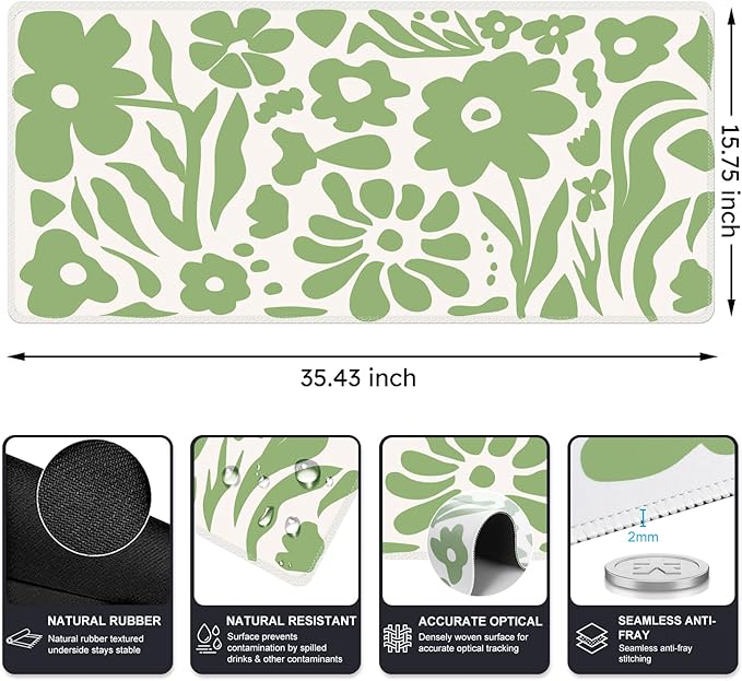 iCasso Desk Mat, XXL Large Anti-Slip Mouse Pad with Stitched Edges, Keyboard Mat for Work, Gaming (Green Flowers)