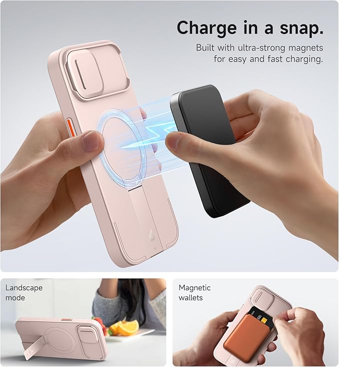 SURITCH for iPhone 13/14 Case with Slide Camera Cover and Adjustable Kickstand, Compatible with MagSafe Protective Cover 6.1 Inch,Pink (ONLY Compatible with iPhone 13/14)