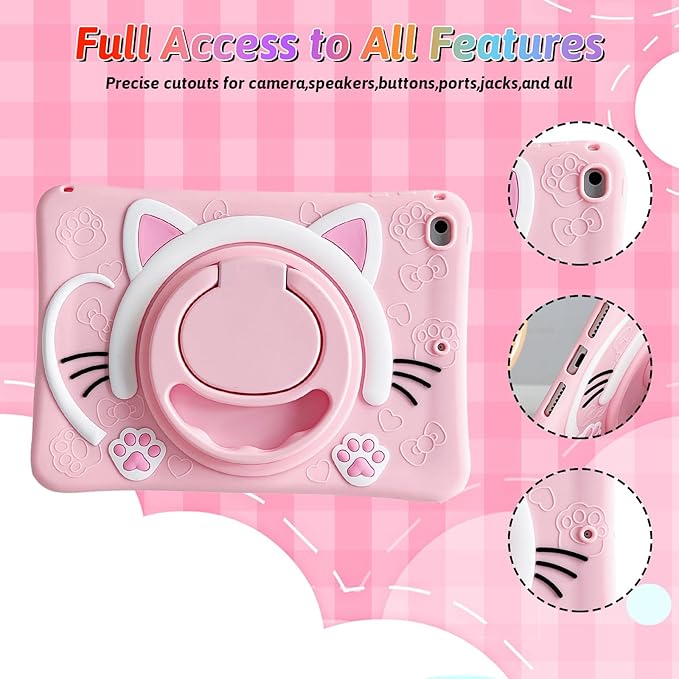Dteck for iPad 10.9" 10th Generation Case Kids,Cute Cartoon 3D Unique Design Light Rotating Handle Stand Shoulder Strap Soft Silicone Funda Drop Rugged Shockproof Protective Kid-Proof Case,Cat