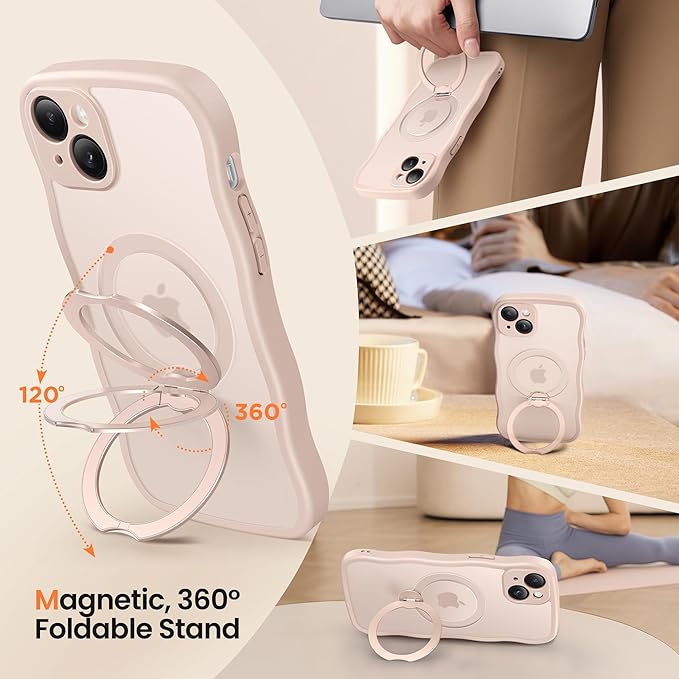 CAPRARO for iPhone 15 Plus Case with 360° Spin Magnetic Stand for Women, [Compatible with MagSafe] [Full Camera Protection] Cute Wave Translucent Matte Case for iPhone 15 Plus, Rose Gold