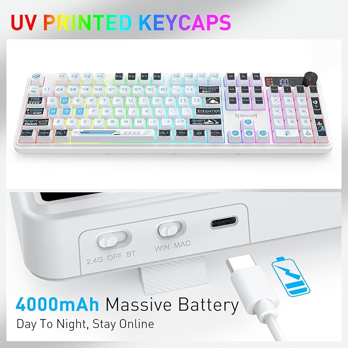 Redragon K526 PRO RGB Wireless Membrane Gaming Keyboard, 104 Keys Mechanical-Feel Keyboard w/LED Info Display, Media/Backlit Knob Control, Smooth Linear Switch & Software Supported