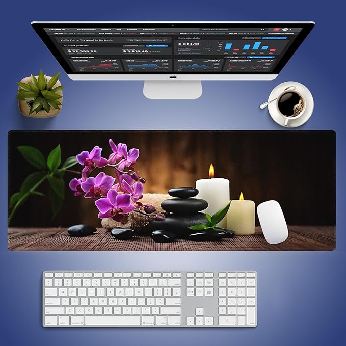 Wknoon. Large Gaming & Office Mouse Pad (31.5" x 11.8") – Natural Peaceful Scene Tranquil Zen Spa Still Life Ambiance of Candles, Stones & Orchids Flowers, Anti-Slip XXL Durable Stitched Desk Mat