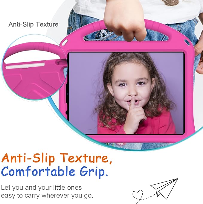 Kids Case for iPad A16 11th/10th Generation 2022/2025 11-Inch iPad Cover with Pencil Holder, Techcircle Lightweight Shockproof EVA Foam Rugged Handle Stand Anti-Slip Grip Protective Case, Rose