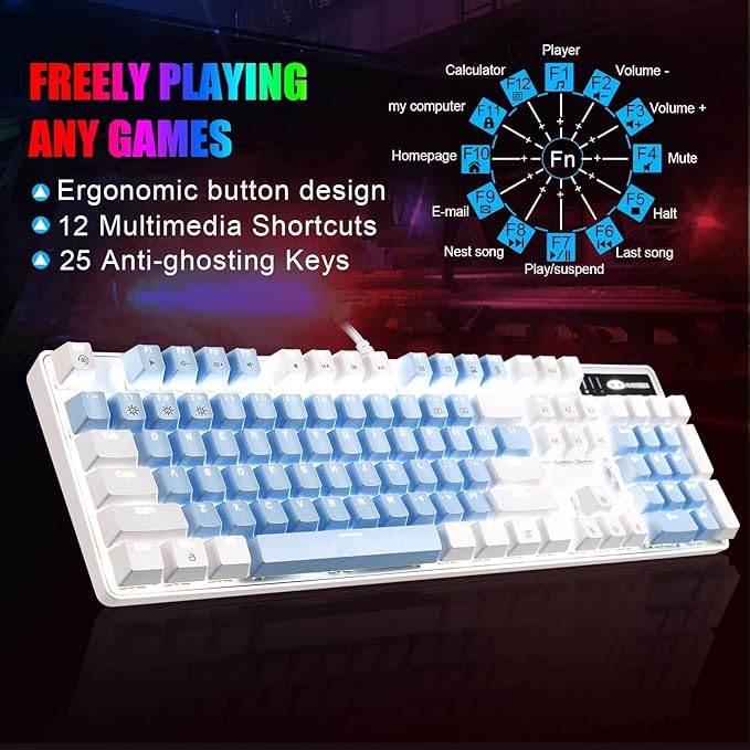 MageGee Mechanical Gaming Keyboard, 104 Keys White Backlit Mechanical Keyboards with Red Switches & Double-Shot Keycaps, Wired Ergonomic Computer Keyboard for Desktop, PC Gamers (White & Blue)