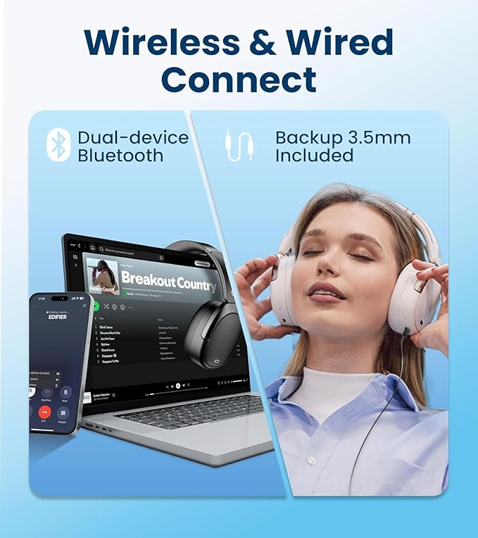 Edifier WH950NB Gen 2 Wireless Hybrid Active Noise Cancelling Headphones, Hi-Res Audio with LDAC 8-Level ANC, Spatial Sound 80H Playtime Bluetooth 5.4 Foldable 3.5mm AUX, Travel Case - Ivory