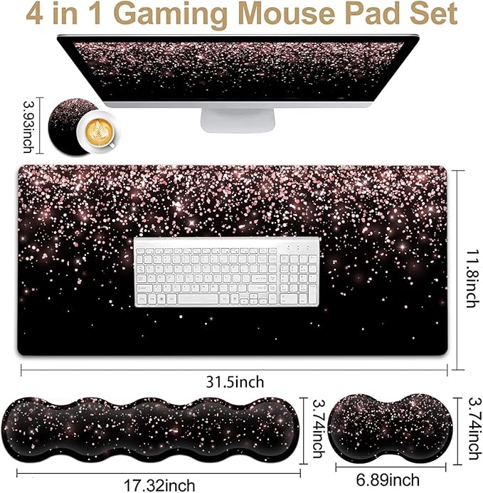 Large Gaming Mouse Pad (31.5x11.8 in) Rubber Base XXL Mousepad with Stitched Edges, Ergonomic Keyboard Wrist Rest, Extended Mouse Mat Desk Pad for Work, Game, Office, Rose Gold Glitter Black Mousepad