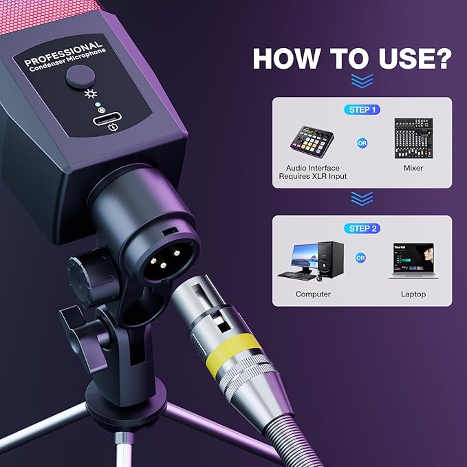 Multifunction Condenser Microphone, RGB Light Gaming Mic, 3.5mm XLR, Plug and Play for PC/Laptop/Audio Interface Mixer/Sound Card, Cardioid Studio Condenser Recording Mic for Podcast Streaming Singing