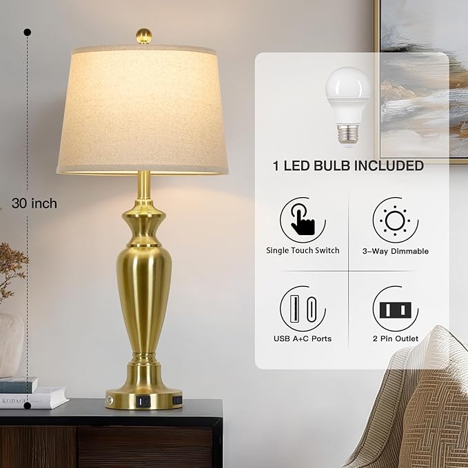 Cinyirong 30" Tall Gold Table Lamp for Living Room, 3-Way Dimmable Touch Control Bedside Lamp for Bedroom Nightstand with USB A+C Ports & AC Outlet (1 Pack)