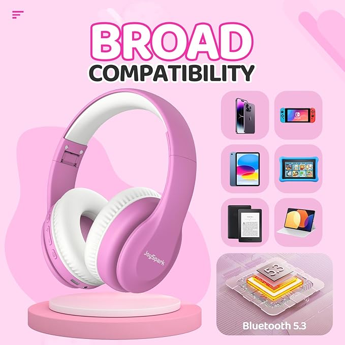 JoySpark Kids Bluetooth Headphones, Lightweight Wireless Headphones for Kids, 85/94dB Volume Limited, 60 Hours Playtime, Bluetooth 5.3, Over-Ear Toddler Headsets with Built-in Mic-Pink