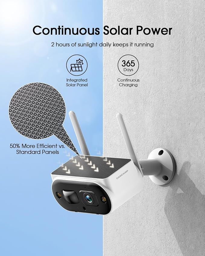 Camcamp Solar Security Camera Wireless Outdoor, 2K Ultra Clear Home Security Camera System, No Subscription, Smart Human Detection, Easy Installation, 5GHz & 2.4GHz WiFi
