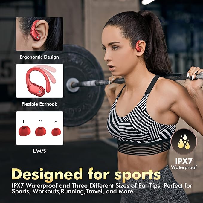 HAOYUYAN Wireless Earbuds, Sports Bluetooth Headphones, 80Hrs Playtime Ear Buds with LED Power Display, Noise Canceling Headset, IPX7 Waterproof Earphones for Workout/Running (Red)