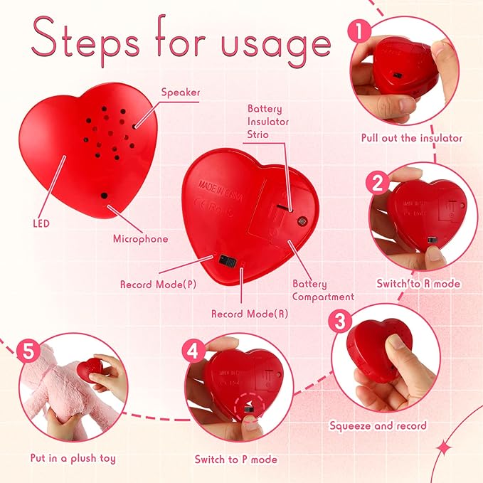 Fabbay 12 Pack Voice Recorder for Stuffed Animal Push Button Sound Recorder Heart Shaped Recordable Button Voice Recording Button Box Device for Plush Toy Bear Module Record Messages, Red (30 Seconds)