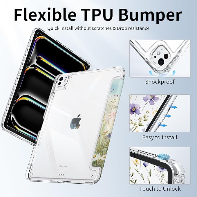 Slim Case for iPad Pro 11 Inch M4 (2024, 5th Generation) & M5 (2025, 6th Gen) with Pencil Holder, Trifold Stand, Shockproof Protective Transparent Clear Back Cover, Watercolor Floral