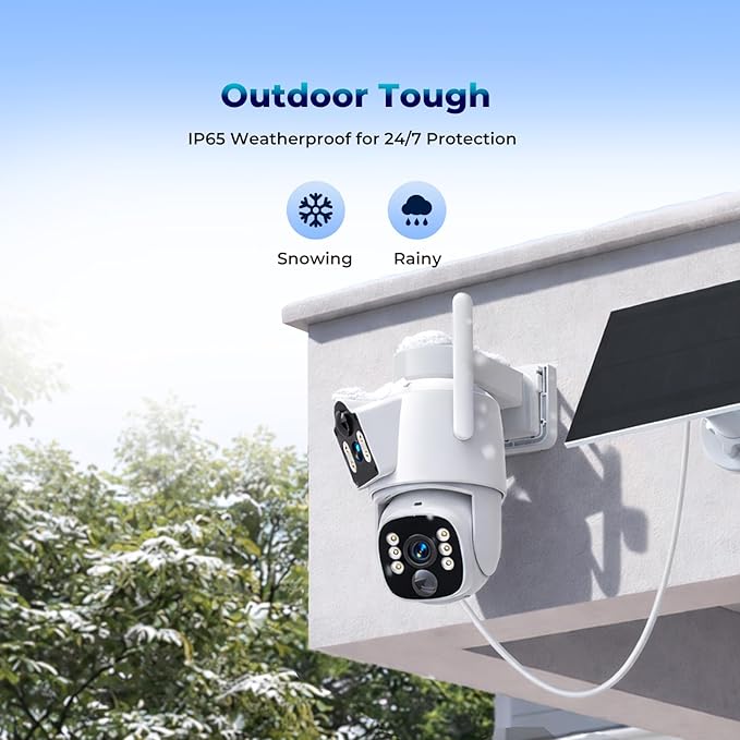 Solar Security Cameras Wireless Outdoor, Dual-Lens Security Camera System, Multi-Angle Monitoring, 360°PTZ, 2K Color Night Vision,2-Way Audio, 0 Monthly Fee, 2.4 & 5GHz WiFi