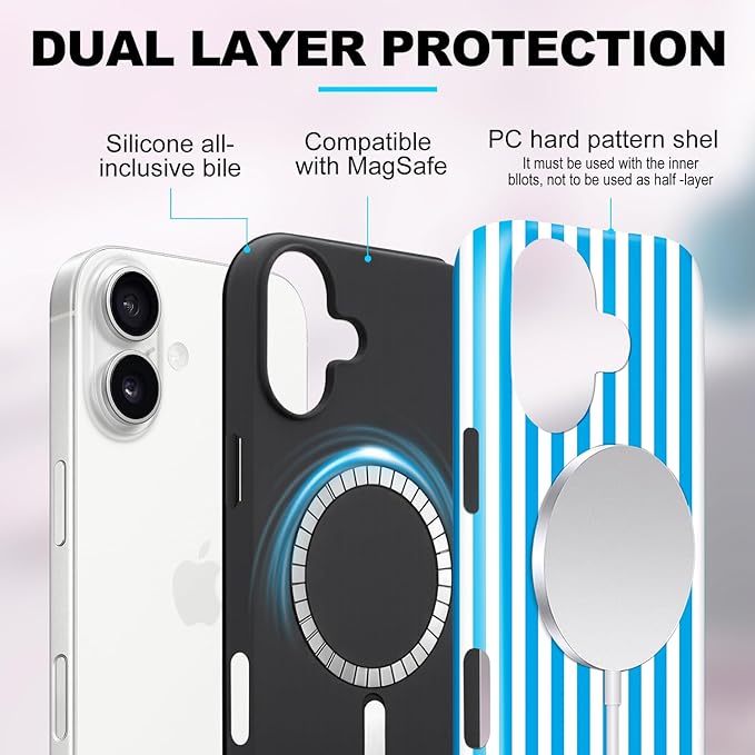 Magnetic for iPhone 17 Case Cute Stripes Phone Case, Shockproof Slim TPU and Hard PC Protective Phone Cover Compatible with MagSafe Designed for Women Girls, Deep Blue