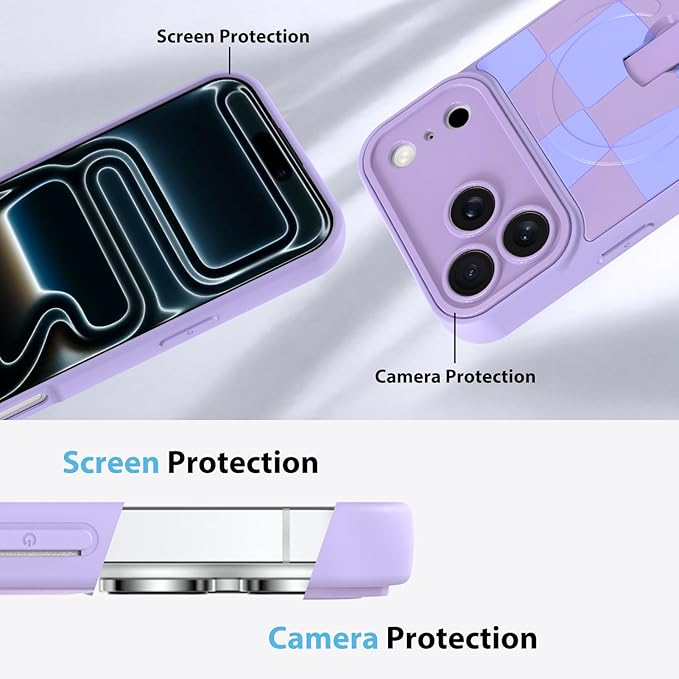 KANGHAR Compatible with iPhone 17 Pro Case, Support for MagSafe, Silicone Checkered Cute Pattern, Wristband Kickstand Camera Protection Soft Slim Cover for Girls Women -Purple