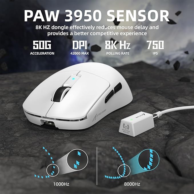 ATTACK SHARK R6 39g Superlight Wireless Gaming Mouse,PixArt PAW3950MAX 42000 DPI,MCU Nodic 52840 Computer Mouse,8K Polling Rate Web Driver,BT/2.4Ghz/Wired Tri-Mode Mice with Coiled Cable-White