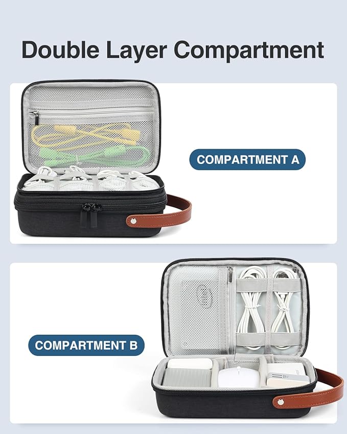 Luxtude Charger Organizer Travel Case, Double Layer Electronics Organizers, Hard Shell Zipper Case for Electronics, Travel Essentials, Black (External Size 8.5 x 5.9 x 3.1 Inch)