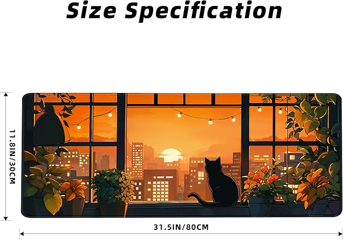 FLY SPRAY® Gaming Mouse Pad for Computer,XXL Cute Cat Mousepad Laptop,Anime Mouse Mat,Extended Large Black Japanese Waterproof Keyboard Pads,Non-Slip Mouse Pads for Game Office Home（31.5 x 11.9 in）