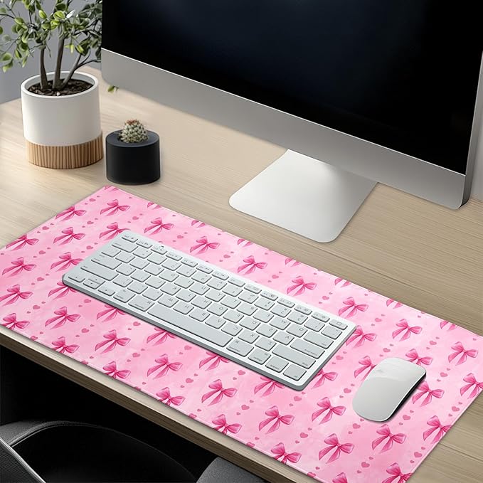 Pink Bows Mouse Pad Extended Large 31.5x11.8 in Coquette Kawaii Desk Mat Preppy Trendy Computer Large Mousepad Non-Slip Rubber Base Stitched Edge Gaming Mousepad PC Computer Desk Pad for Work Desktop
