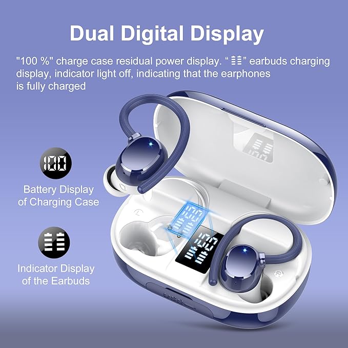 hadbleng Ear Buds Wireless Earbuds Bluetooth Headphones with 128H Playtime LED Digital Display Charging Case, Over-Ear Hook with Mic, Stereo Sound, IPX7 Waterproof Earphones for Workout/Running