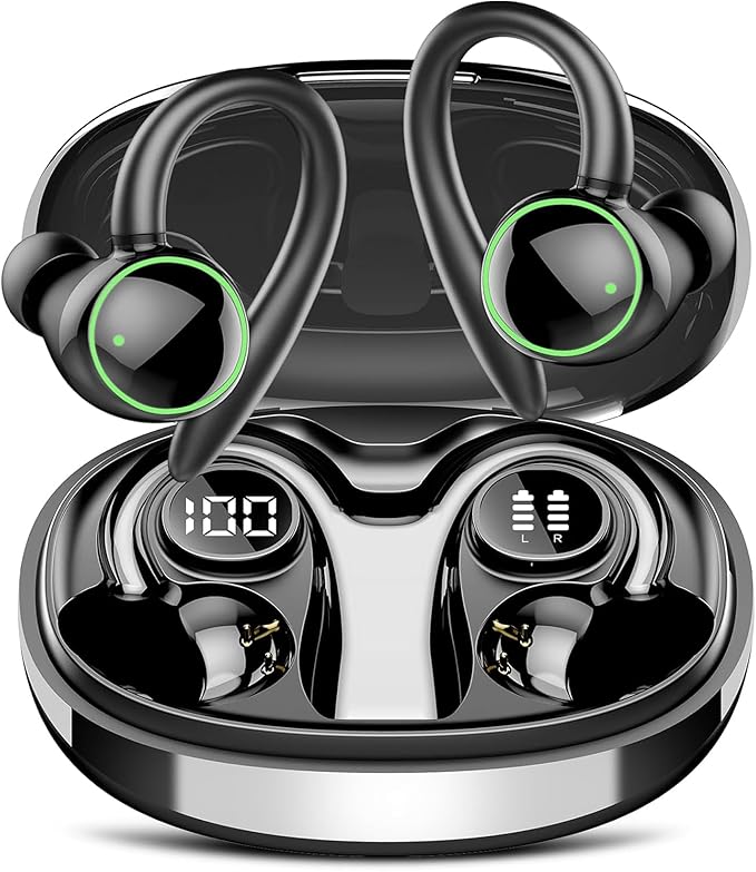 Wireless Earbuds, Bluetooth 5.4 Headphones Sport, Over Ear Buds With ENC Noise Cancelling Mic, 48H, Wireless Earphone With Earhooks, Stereo Deep Bass, IP7 Waterproof Headset for Workout, Black