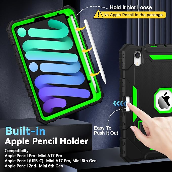 Grifobes Case for iPad mini 7 (A17 Pro) 2024 / Mini 6 2021 8.3 inch, Heavy Duty Shockproof Rugged Cover with Pencil Holder Stand, for I Pad Mini 7th/6th Gen 8.3" Case (Black+Green)