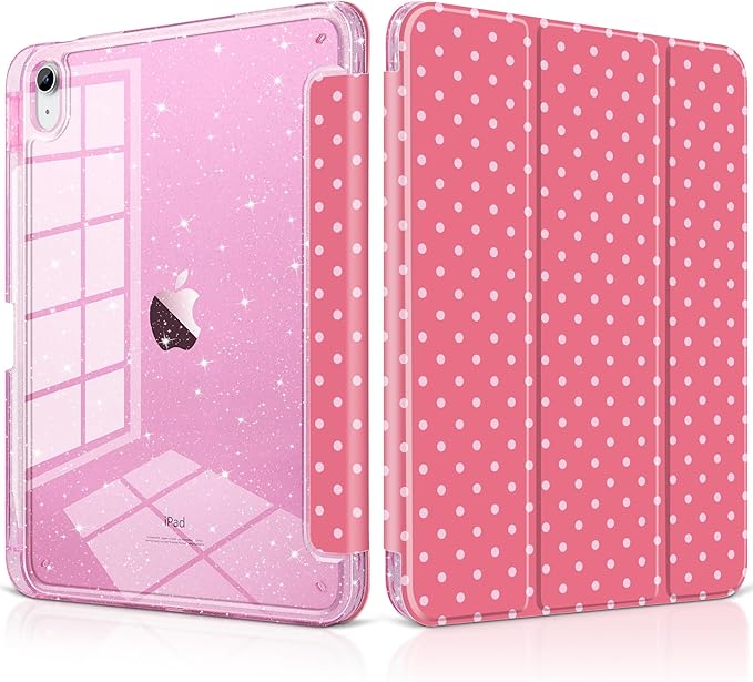 DONGKE for iPad Pro 11 inch Case – Fits M5 2025 / M4 2024, Shockproof Sparkling Glitter Acrylic Back, Pencil Holder, Trifold Stand, Auto Sleep/Wake & Touch ID Support - Dark Pink Polka Dot