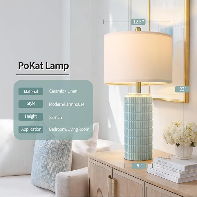 PoKat 23" Light Blue Table Lamps Set of 2, Modern Bedside Lamps for Bedroom, Coastal Ceramic End Table Lamps for Living Room, Ocean Nightstand New Home Decor Lamps