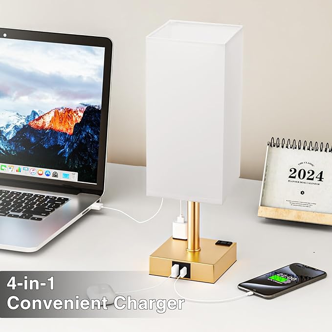 aooshine Gold White Touch Table Lamp - Bedside Lamp with USB A + Type C Charging Ports and Two AC Outlets, Small Night Stand with E26 LED Bulb, Desk Light for Bedroom Living Room Office Dorm