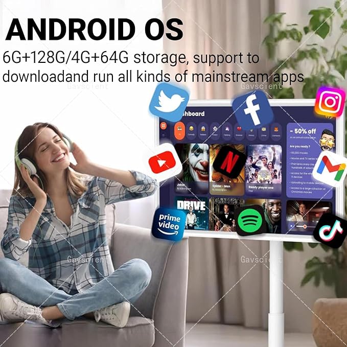 Smart Screen Portable TV On Wheels, 4K Touch Screen Monitor with Android 12 OS, Full Swivel Rotation, Wireless Mirroring, Dual Speakers & FHD IPS Large Display for Versatile Use 24-4/64