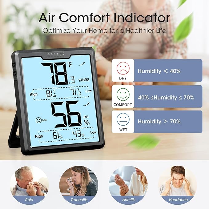 DOQAUS Digital Hygrometer Room Thermometer Indoor, Humidity Meter with Large LCD Display, Backlight Temperature Humidity Monitor with Max Min Records, Black