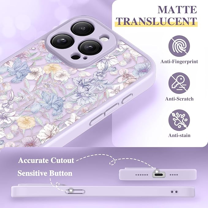 GVIEWIN for iPhone 15 Pro Max Case Compatible with MagSafe, [Military Grade Protection] [Screen Protector] Full Camera Protection Floral Translucent Women Magnetic Phone Case, Apricot Blossom/Purple