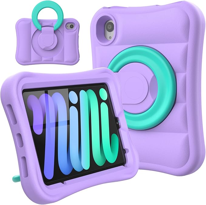 Kids Case for iPad mini 7 (A17 Pro) 2024 / Mini 6th Gen 2021 8.3 inch – Lightweight Flexible Shockproof Rotating Stand Handle Rugged Cover for iPad mini 7th 6 Generation Girls Boys, Purple