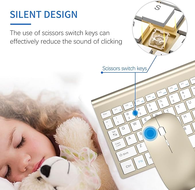 Wireless Keyboard and Mouse Ultra Slim Combo, TopMate 2.4G Silent Compact USB 2400DPI Mouse and Scissor Switch Keyboard Set with Cover, Batteries Included, for PC/Laptop/Windows/Mac - Gold White