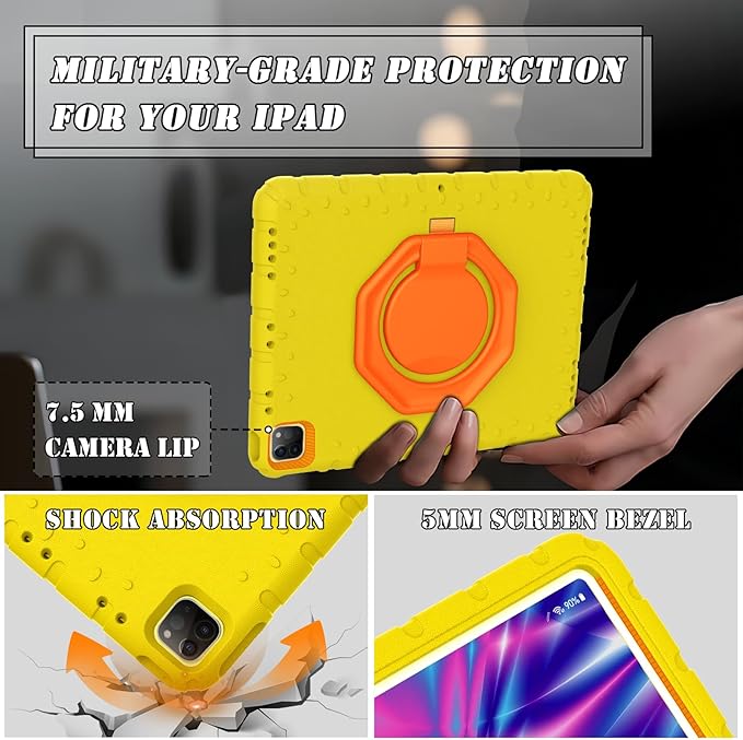 for iPad Pro 12.9 Case 3rd 4th 5th 6th Generation with Pencil Holder & 360° Rotating Handle Stand, New Cute Rugged Cover for iPad Pro 12.9 inch 2022/2021/2020/2018 - Yellow