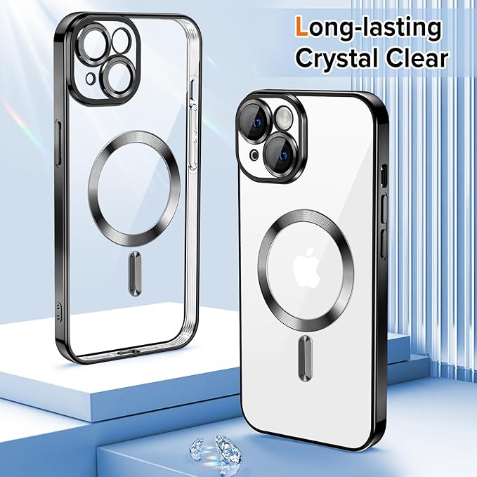 Hython Magnetic Clear for iPhone 15 Plus Case with Camera Lens Protector [Compatible with MagSafe] Luxury Plating Edge Slim Soft TPU Cover Protective Phone Case for iPhone 15 Plus 6.7", Black